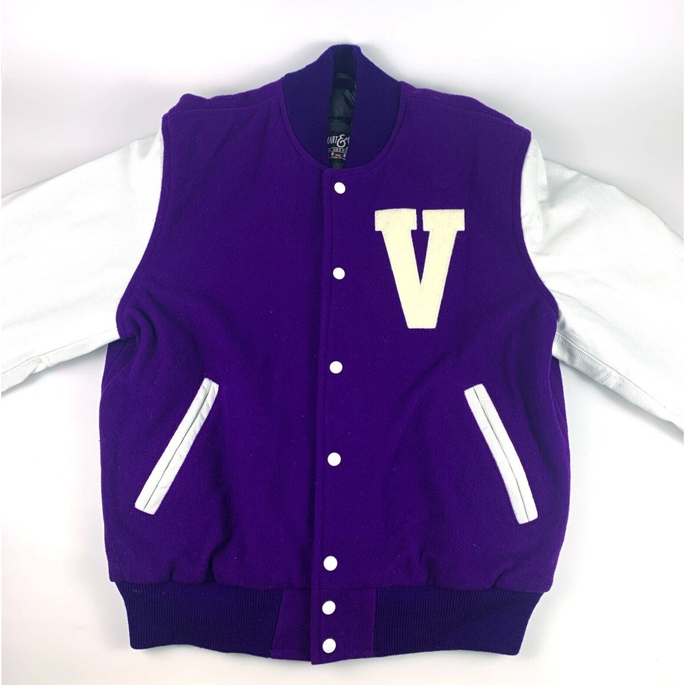 Stewart & Strauss Mens Sz L Letterman Jacket Purple Wool White Leather Letter V